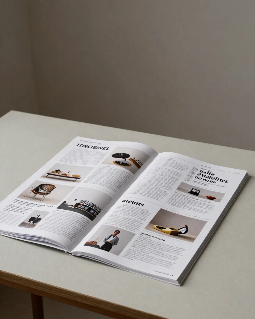 Editorial design photography of a finished printed editorial spread on a neutral studio table, soft directional studio l