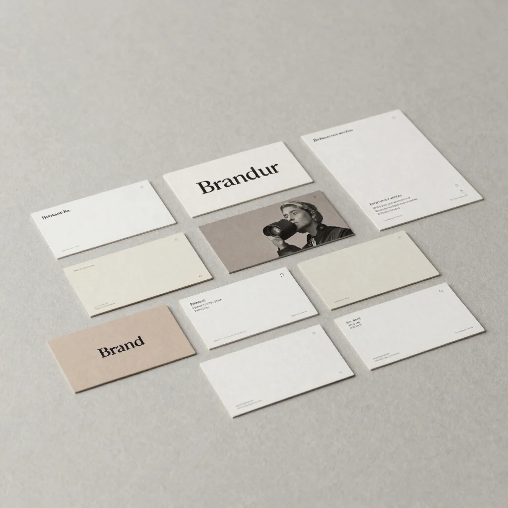 Brand identity system laid out as cards and stationery on a neutr