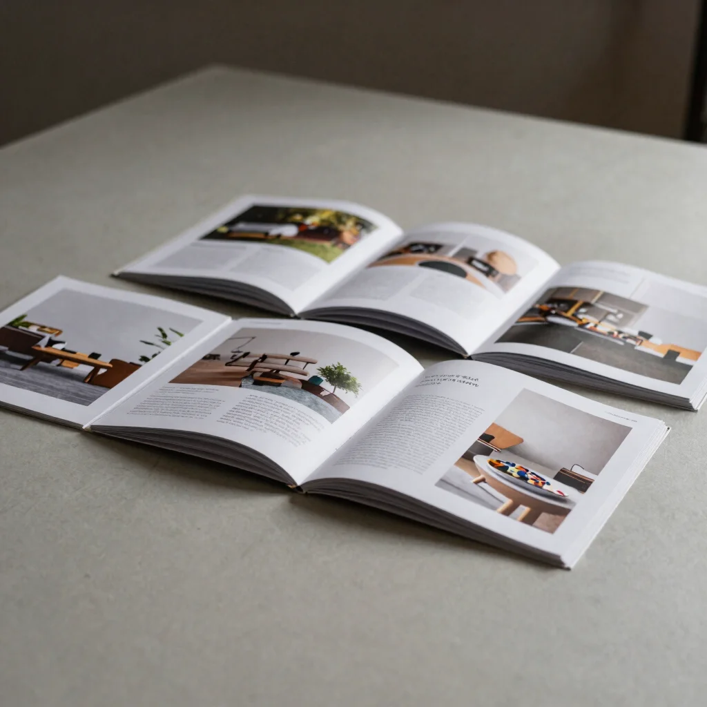 Wide view of a printed catalogue spread in context on a neutral t